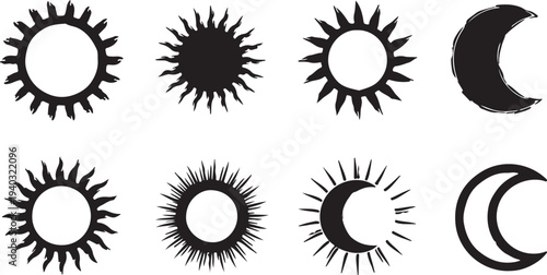 Set of celestial body silhouettes including sun and crescent moon icons on transparent background vector art