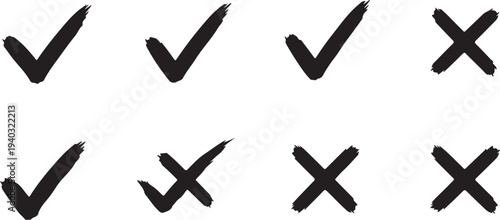 Set of eight hand drawn black check marks and crosses on transparent background for symbols
