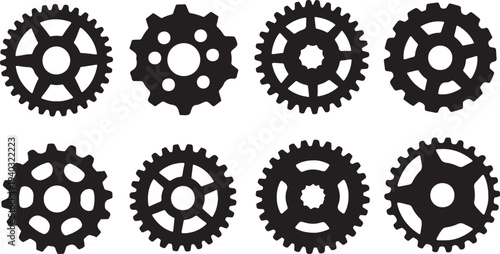 Set of eight hand drawn doodle sketch simple gear wheels or cogs various sizes isolated on transparent background