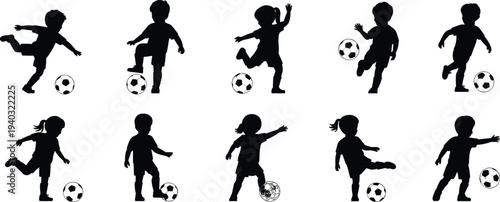 Set of black silhouettes of little boys and girls playing football, kids soccer players kicking ball, children sports activity isolated on white