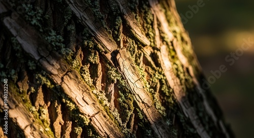 Close-up of Textured Tree Bark with Natural Sundown Lighting for Nature Photography
