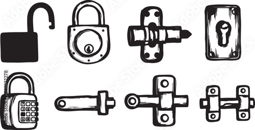 Set of eight hand drawn doodle sketch simple locks and bolts various types isolated on transparent background