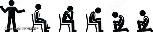 Set of black stick figures representing depression and mental health issues, sad man sitting on chair and kneeling in grief, despair, sorrow