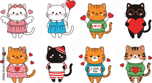Adorable Cats in Cute Outfits and Heart-themed Accessories for Pet, Valentine, and Cartoon Cat Lover Designs