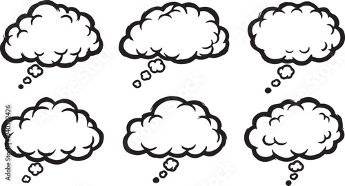 Set of six hand drawn comic thought bubbles, various doodle thinking balloons with transparent background