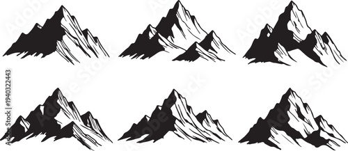 Set of stylized black mountain range silhouettes for adventure design isolated on transparent background vector art