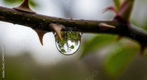 Close-up of Thorny Branch with Water Droplet and Reflected Green Leaves