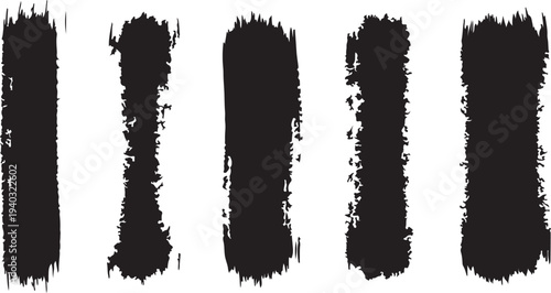 Six black paint brush stroke vertical shapes on transparent background abstract textures