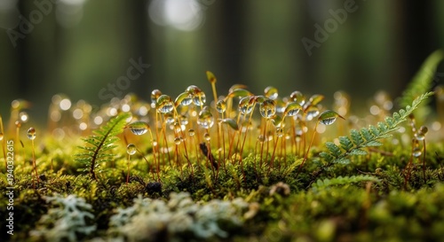 Close-Up of Tiny Bright Green Moss Pigment Structures on Forest Floor Surface