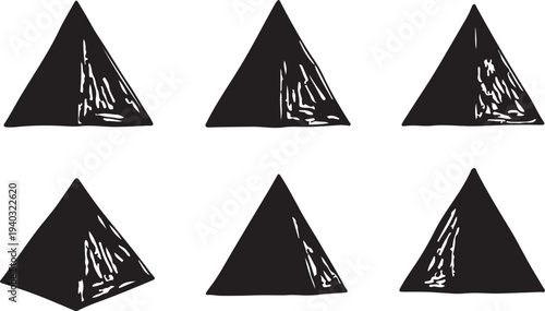 Six black triangle shapes with scratchy texture on transparent background, abstract geometric symbols