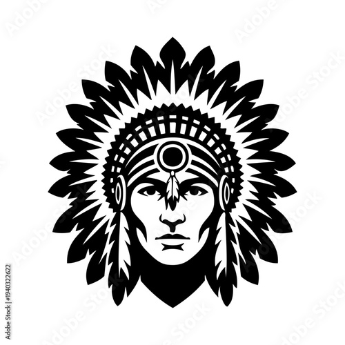 Logo jefe indio americano con tocado de guerra. Icono con cabeza de guerrero indio con tocado tradicional de plumas, de frente 
