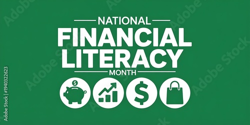 National financial literacy month with piggy bank graph dollar sign shopping bag icons on green background