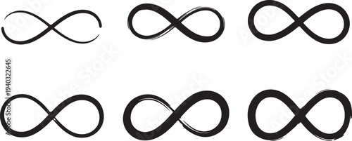 Six infinity symbol elements with brush stroke texture on transparent background, abstract loop design