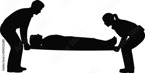 Silhouette of paramedics carrying injured patient on stretcher, medical emergency rescue team providing first aid assistance, healthcare professional service isolated on white background