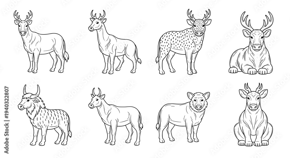 Obraz premium Collection of diverse ungulate animals in a simple line art style for educational purposes