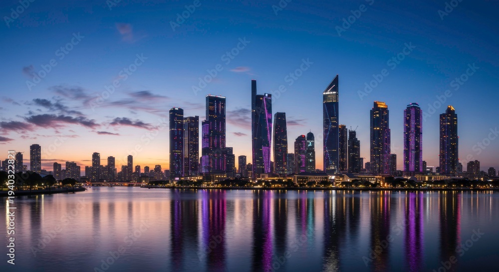 Fototapeta premium A serene cityscape at dusk with tall buildings and their reflections in the water
