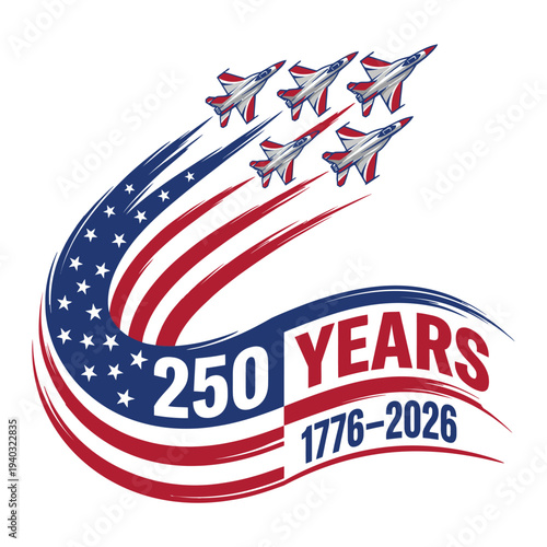 Tableau sur toile USA 250 Years Anniversary Patriotic Flag Wave with Fighter Jets 1776–2026 Indepe