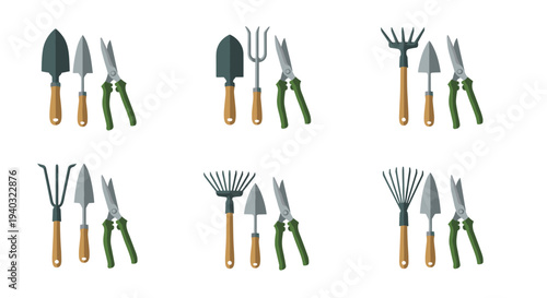 Collection of gardening tools including trowels, cultivators, and shears on a white background