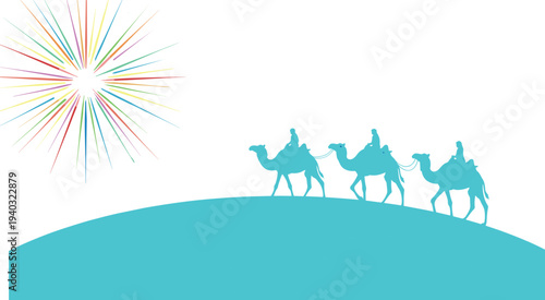 Three wise men riding camels in desert silhouette on blue hill, star of Bethlehem light rays, Christmas nativity scene vector, isolated illustration