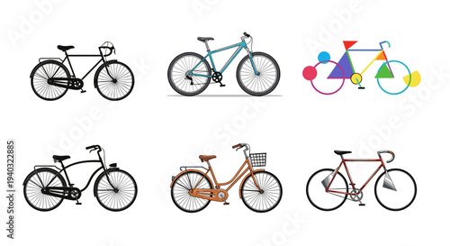 Collection of six different bicycle illustrations on a white background