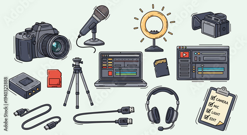 Collection of vlogging and content creation equipment for online video production