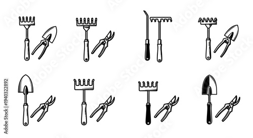 Collection of hand-drawn gardening tools including rakes, shovels, and pruning shears