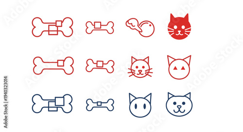 Collection of simple line art icons featuring dog bones and cat faces in red and blue
