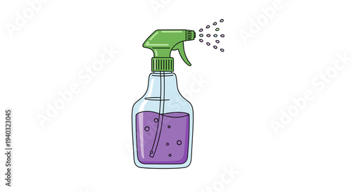 Cartoon spray bottle with purple liquid and green trigger spraying droplets
