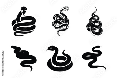 Set of 6 Black Snake Vector Icons with Coiled and Winding Serpent Silhouettes for Danger, Nature, and Mythology Designs