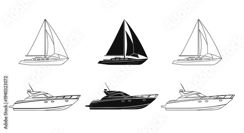 Collection of line art and silhouette illustrations of sailboats and motor yachts
