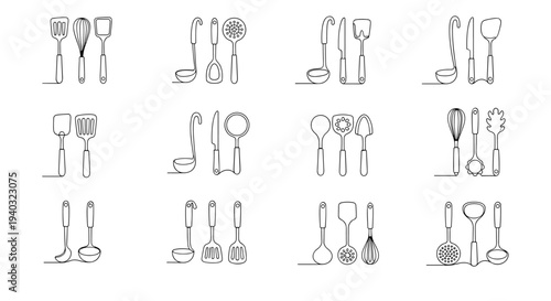 Collection of simple line art kitchen utensils, cooking tools, and baking equipment