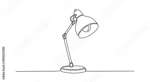 Minimalist continuous line drawing of a classic desk lamp on a white background