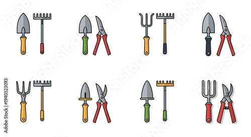 Collection of colorful flat design gardening tools including trowels, rakes, and pruners