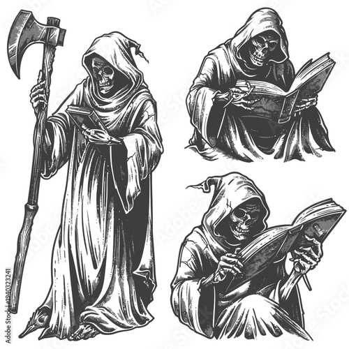 Grim reaper illustrations skeleton in hooded robes reading with axe