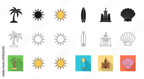 Collection of beach and summer icons: palm trees, suns, surfboards, sandcastles, and shells