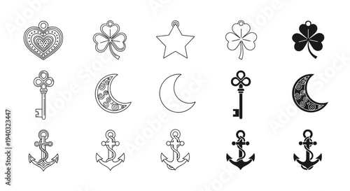Collection of decorative charms including hearts, clovers, stars, keys, moons, and anchors