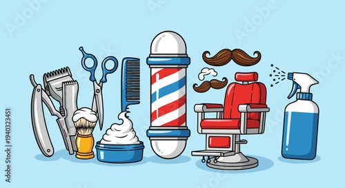 Barber shop tools and furniture arranged on a light blue background