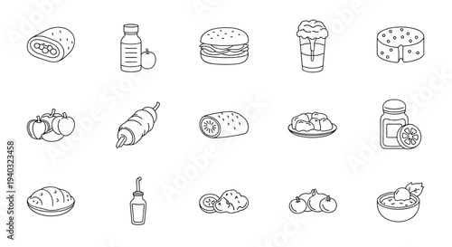 Collection of hand-drawn food and drink icons in a simple line art style