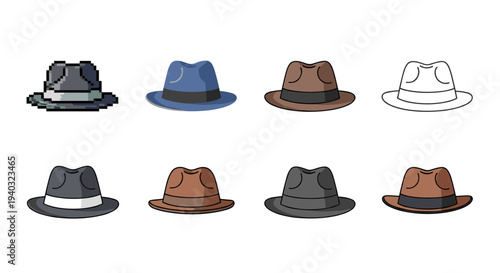Collection of fedora hats in various styles and colors, including pixel art and outline