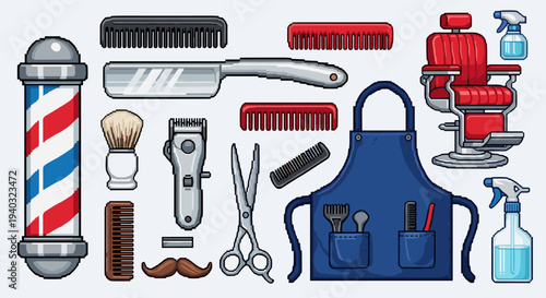 Pixel art barber shop essentials collection with barber pole, chair, and tools