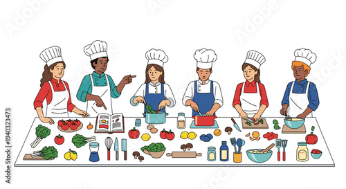 Diverse group of chefs in a cooking class learning to prepare healthy food together