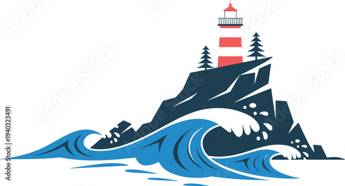 Lighthouse on rocky island with ocean waves, coastal maritime navigation landmark illustration, sea storm surf landscape design