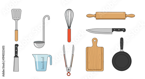 Collection of essential kitchen utensils and cookware laid out on a white background