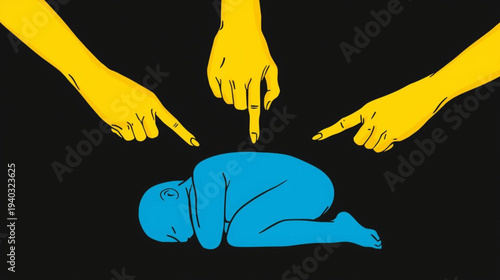 An illustration depicts three yellow hands pointing accusingly from above at a slumped blue figure curled in a fetal position against a black background.
