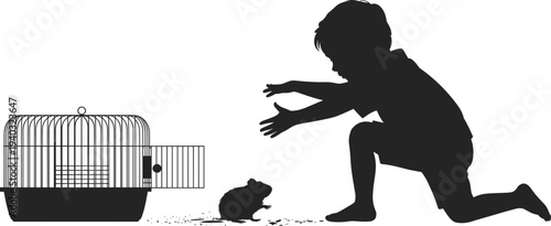 Boy feeding hamster silhouette, child caring pet concept, small animal cage scene, kid kindness responsibility, childhood pet care illustration