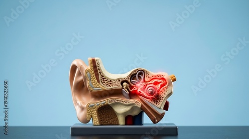 Wallpaper Mural Human ear cross section model features intense red inflammation highlighting damage within the middle or inner ear structure resting upon a dark surface. Torontodigital.ca