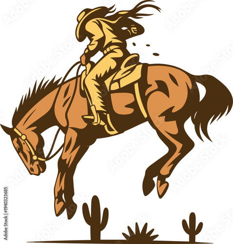 Western cowboy riding a wild bucking bronco horse in the desert, retro vintage rodeo illustration with cactus, American frontier adventure isolated on white