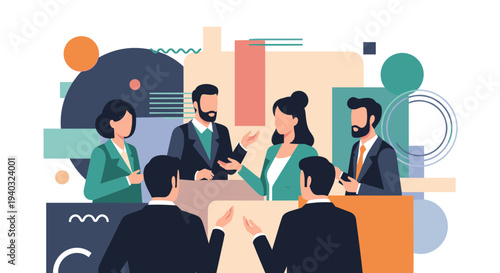 Diverse business professionals collaborating in a modern, abstract office meeting setting