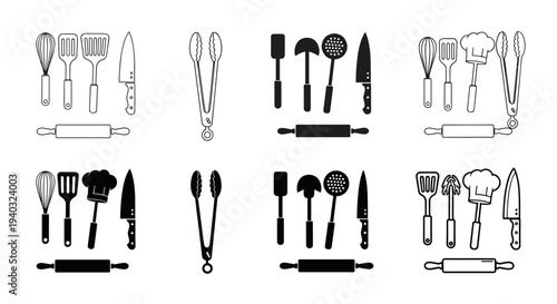 Collection of kitchen utensils and cooking tools in outline and silhouette styles