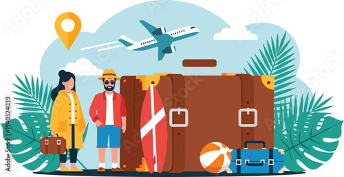 Couple Ready for Vacation with Luggage, Surfboard, and Travel Essentials for Summer Holiday and Adventure Designs